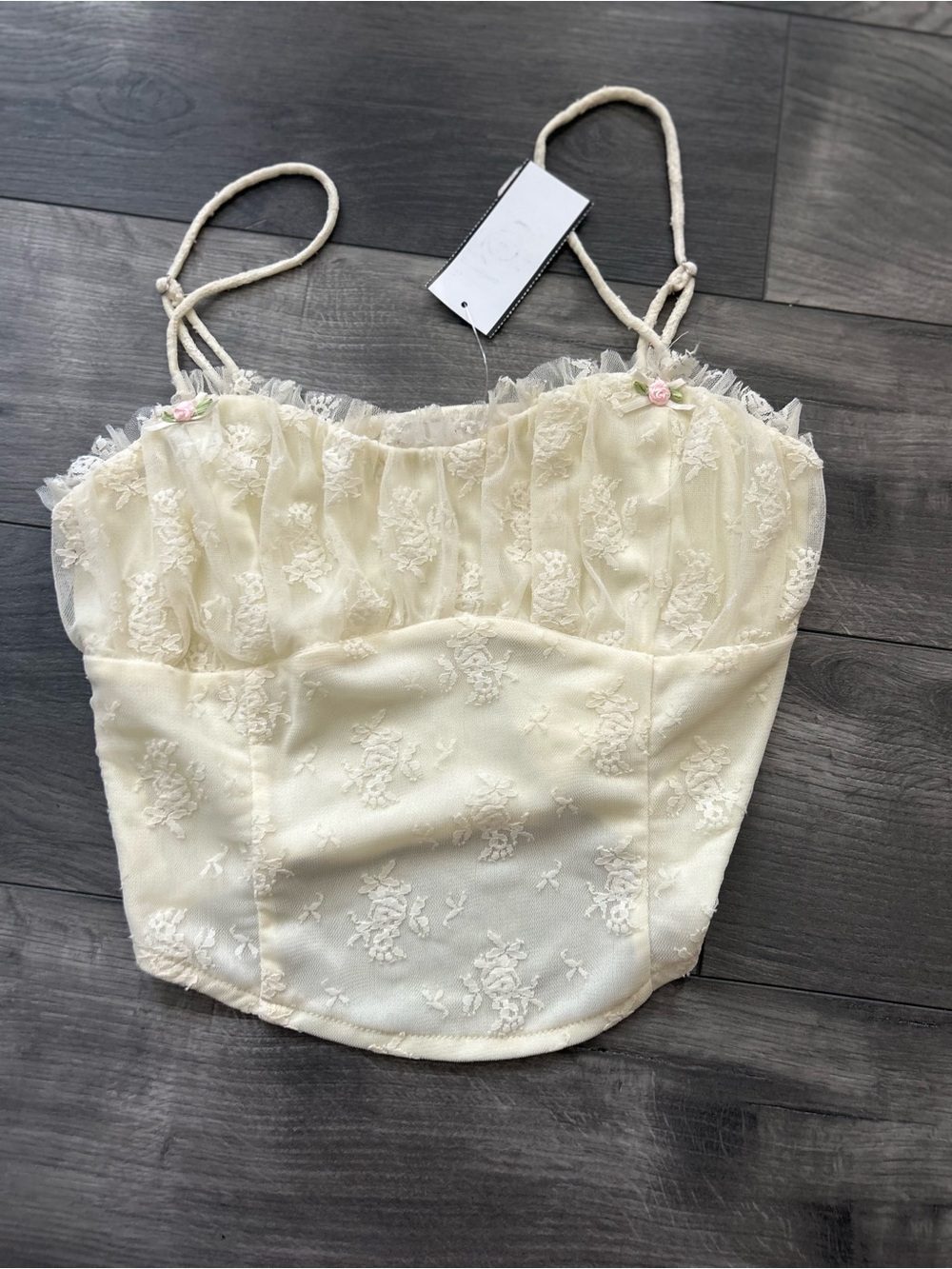 Lush Ivory Lace Bustier Crop Top with Spaghetti Straps